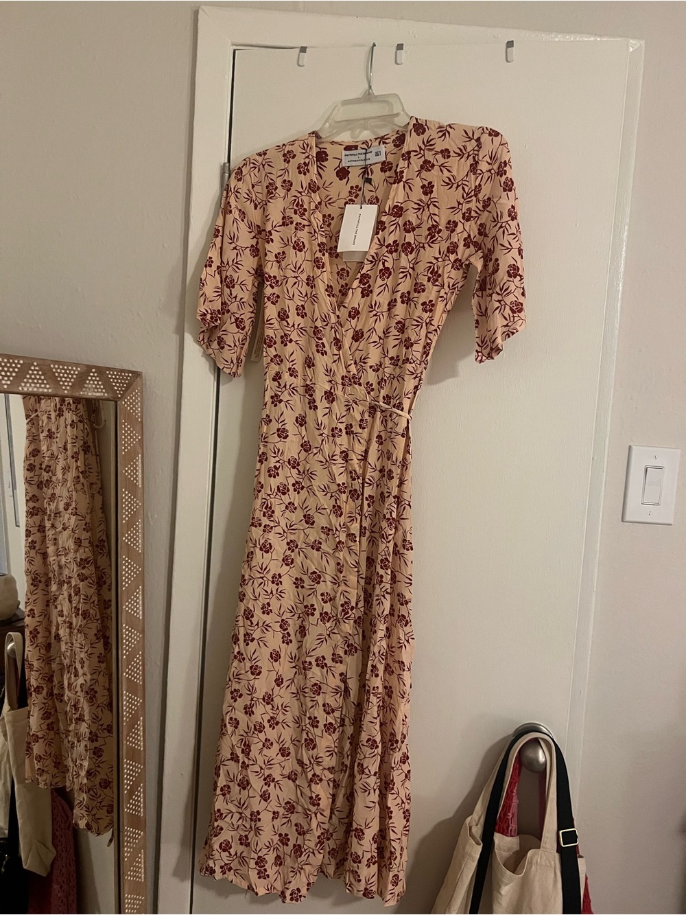 Faithfull the Brand Beige Midi Wrap Dress with Burgundy Floral